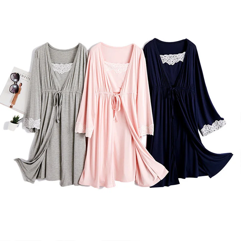2pcs/set Pregnancy Pajamas Sleepwear Nursing Pregnant Woman Sling Breastfeeding Nightgown Maternity Labor Dress+Robe Childbirth