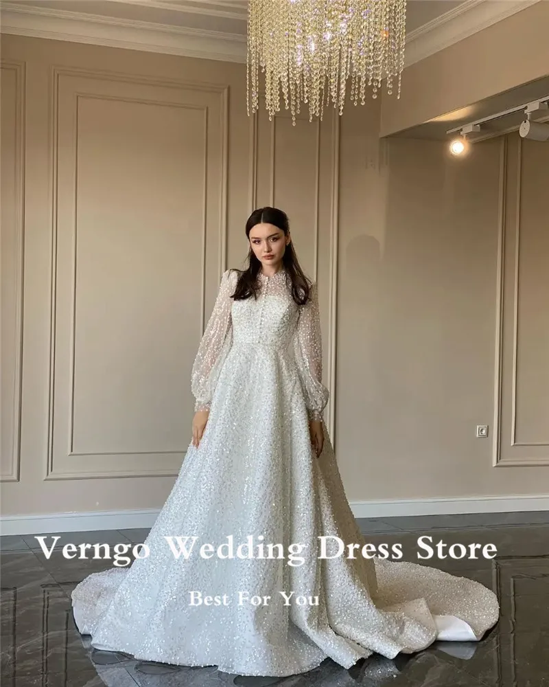 Verngo Glitter A Line Puff Long Sleeves Wedding 2025 Dresses Modest High new Neck Buttons Front Sweep Train Dubai Women Bridal Gowns