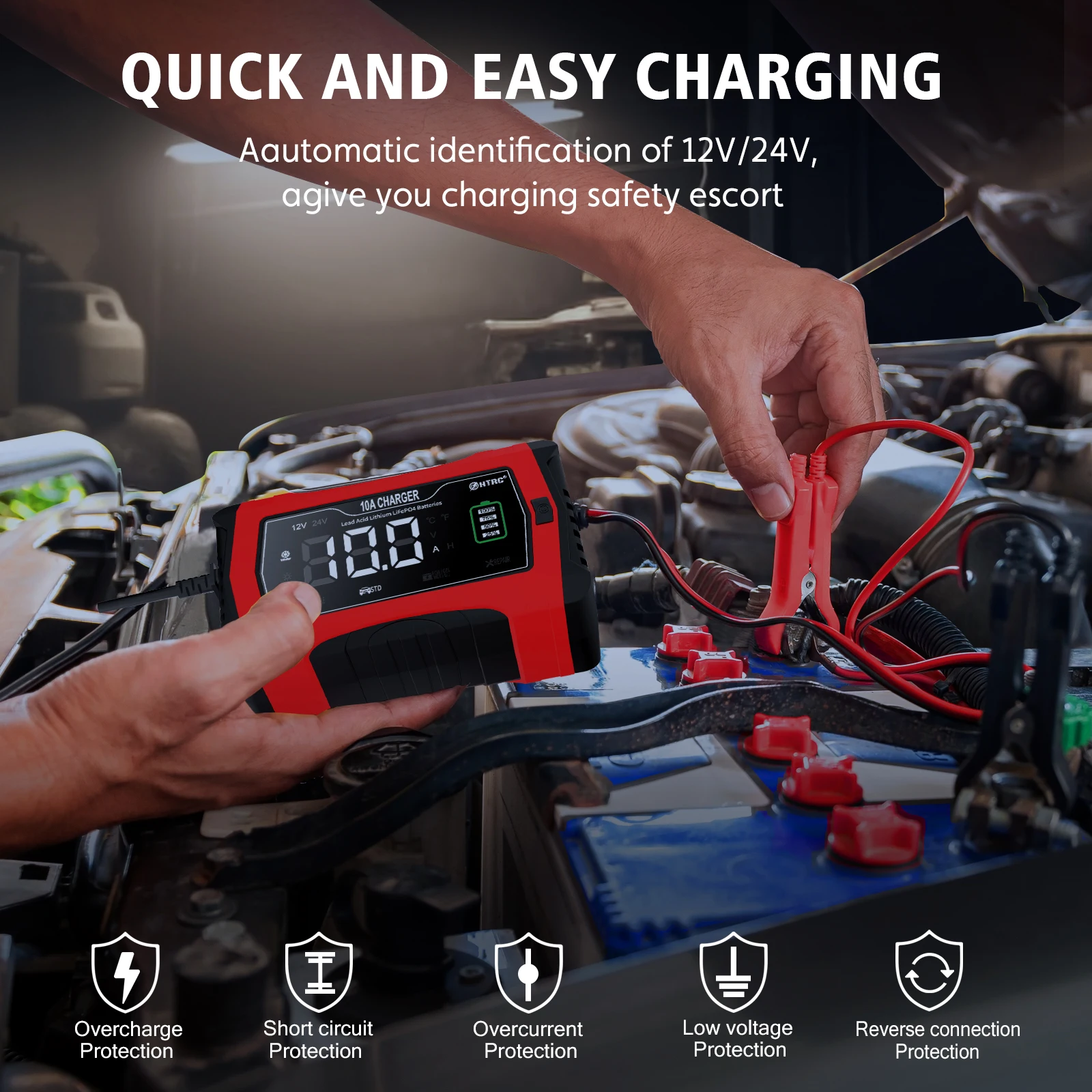 HTRC 12V 24V 10A Automatic Charging For Lithium LiFePO4 AGM GEL Lead-Acid Battery Motorcycle Charger 7-Stage Car Battery Charger