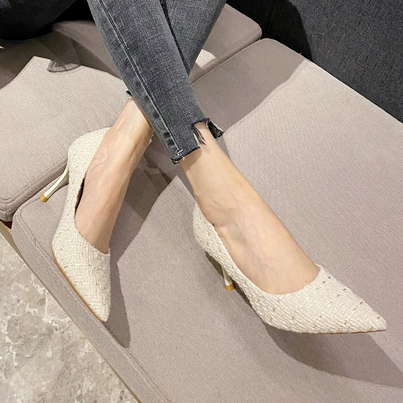 Cloth Tweed Pointed Toe Pumps Ladies Elegant Thin High Heels Office Women Brand Designer Slip On Stiletto Heel Party Shoes 3198