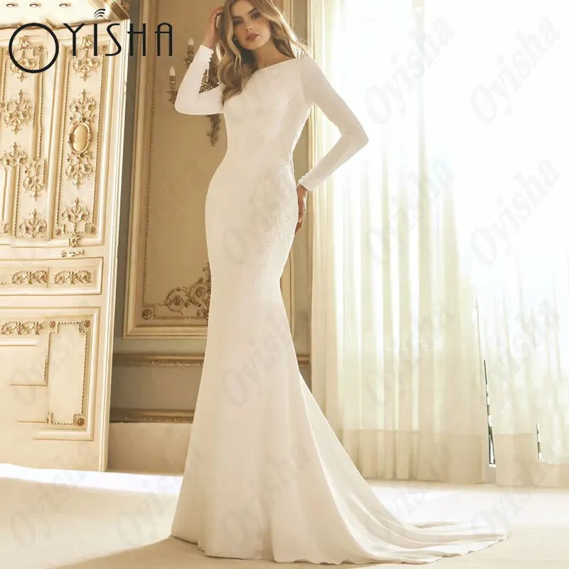 OYISHA O-Neck Mermaid Wedding Dresses Classic Full new Sleeves Satin Appliques Bridal Gowns For Woman 2025 Lace White Vestido De Mariages
