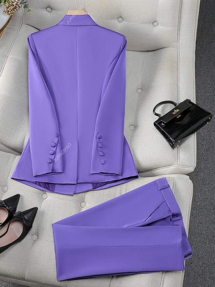 Fashion Office Ladies Formal Pant Suit Set Women Blue Pink Yellow Female Business Work Wear 2 Piece Blazer Jacket And Trouser 240329
