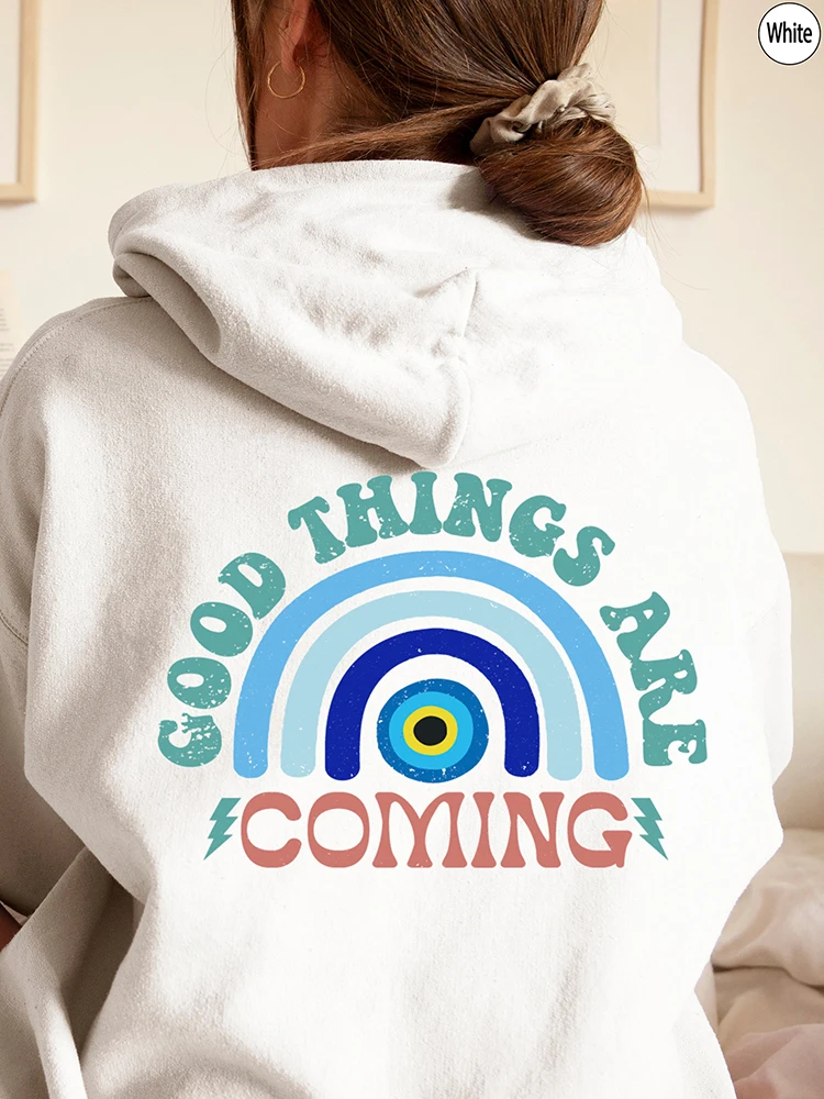 Good Things Are Coming Evil Eye Printing Women Hoodie Casual Comfortable Pullover Pocket Hip Hop Sweatshirt Street Style Clothes
