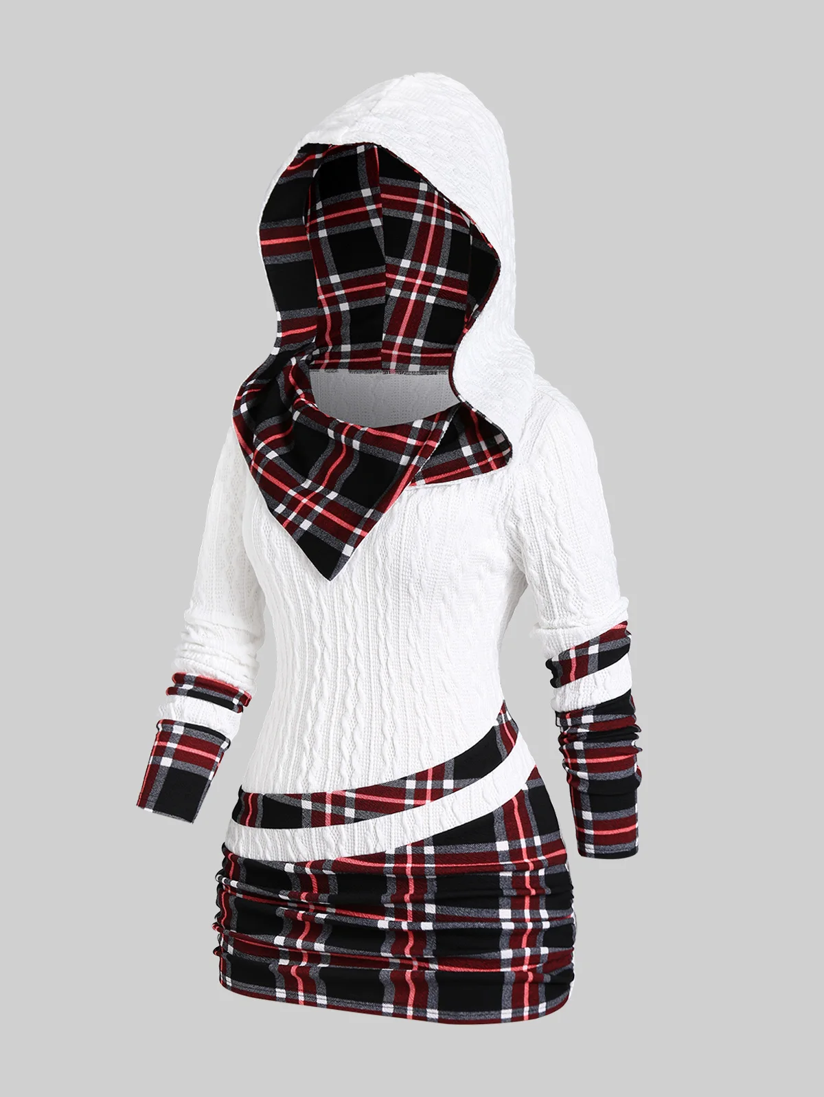 ROSEGAL Plus Size Women's Sweaters Hooded Ruched Plaid Cable Knit Top 2023 Female Autumn Patchwork Pullovers Knitwear New