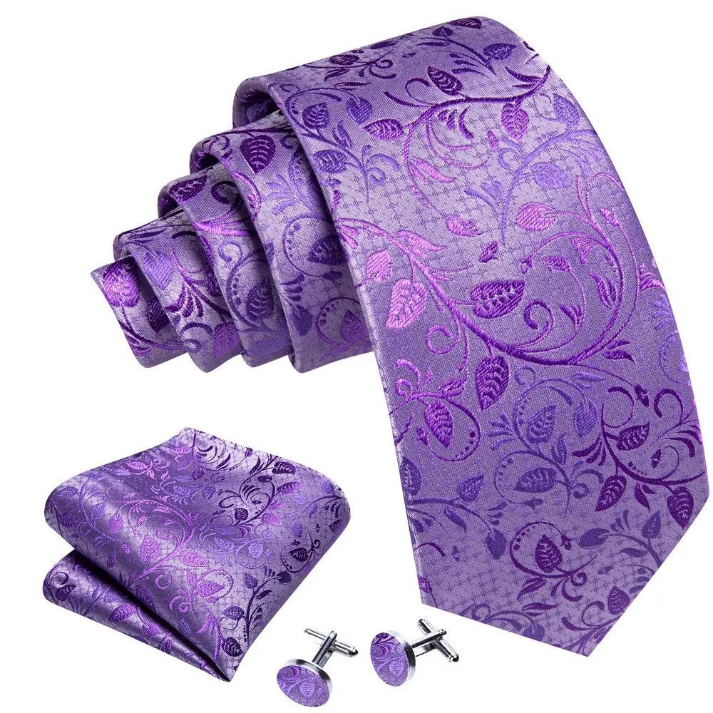 Purple Floral Men's Tie With Pocket Square Cufflink Sets Exquisiet Silk Suit Necktie For Male Wedding Designer Party Barry.Wang