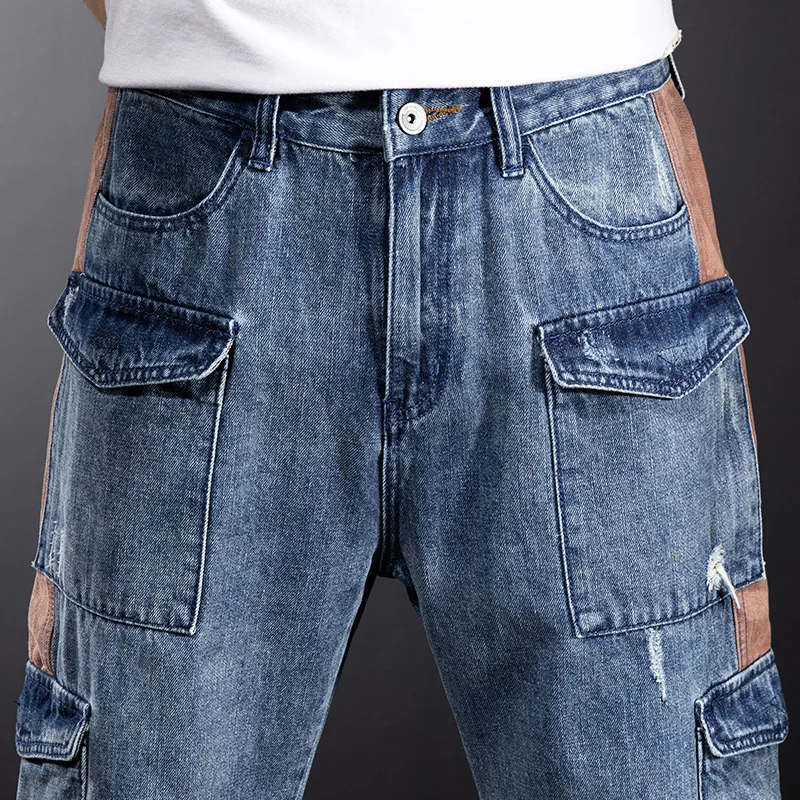 Patchwork Straight 2025 Wide Leg Denim Pant Multi Pocket Loose Cargo Jeans for Mens Baggy Men new Cowboy Trousers