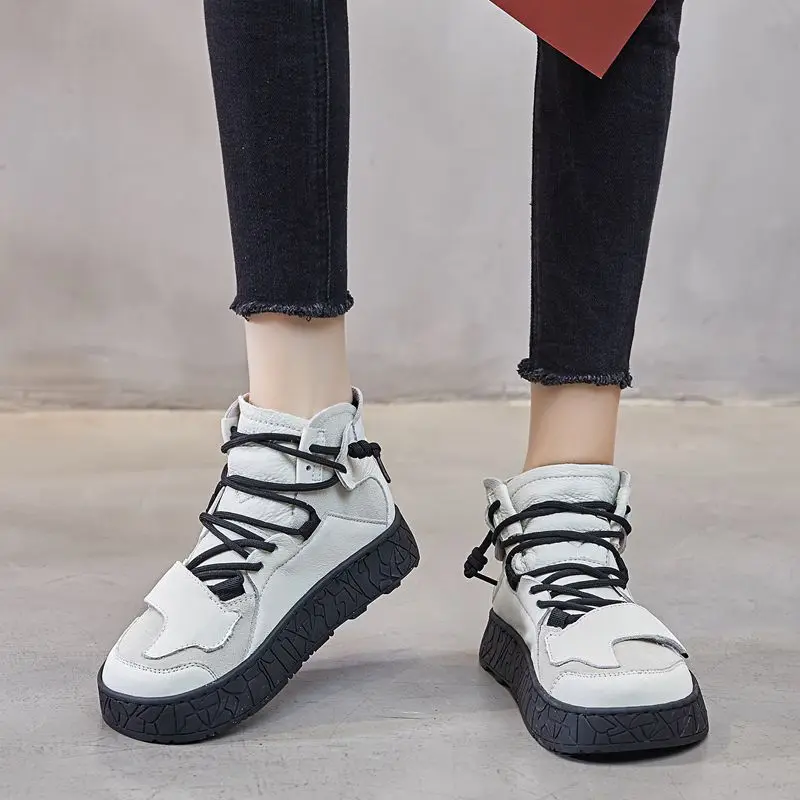 CXJYWMJL Cowhide High Top 2025 Sneakers Women new Autumn Winter Casual Vulcanized Shoes Genuine Leather Ladies Platform Sneakers Lace-up