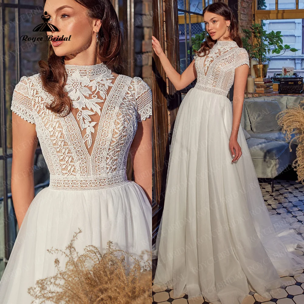 Elegant Bohomia Wedding Dresses Lace Tulle Beach Bridal Gowns Short Cap Sleeves Classic Wedding new Dresses vestido 2025 de novia sencill