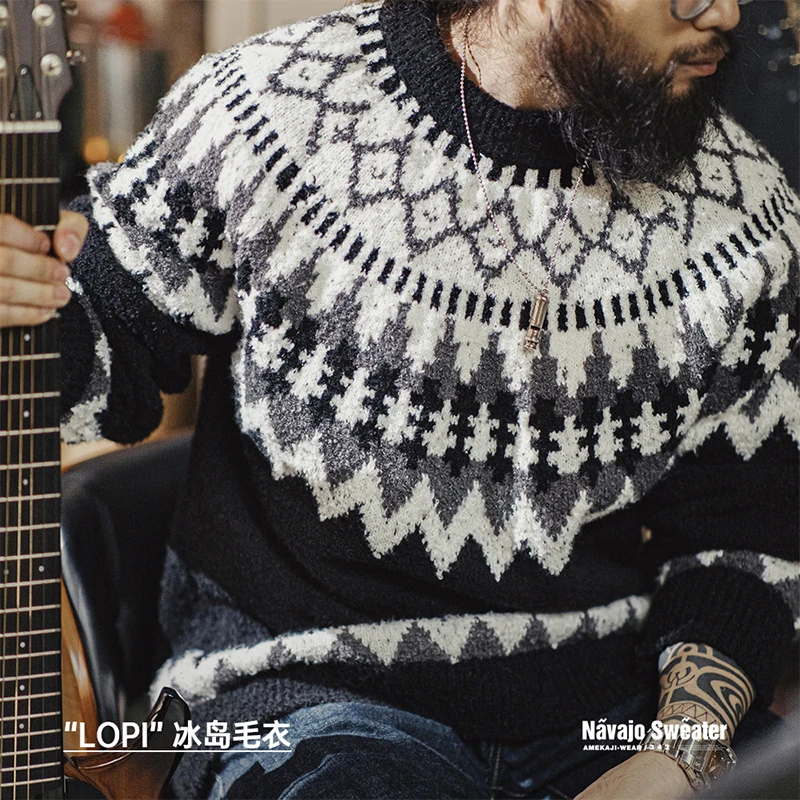 Maden Vintage Heavyweight Icelandic Sweater Round Neck Fair Isle Jacquard Knit Pullover 2023 Autumn Winter Men's Black Jumper