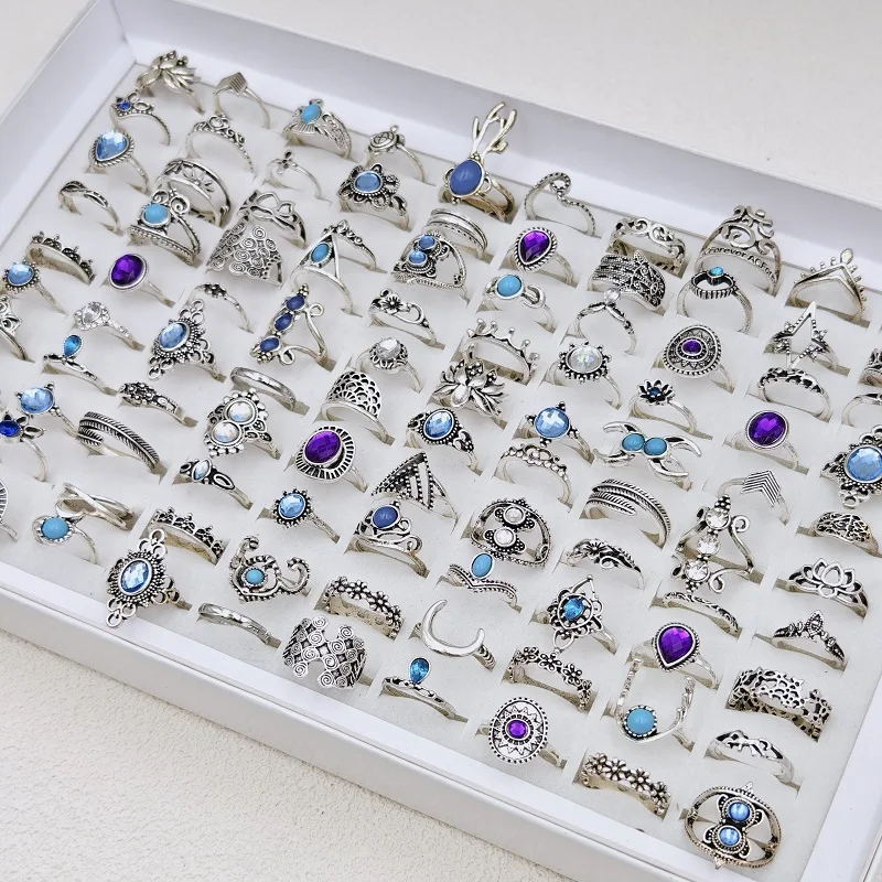 36Pcs/Lot Bohemia Vintage Silvery Rings for Women and Girl Mixed Alloy Crown Flower Finger Ring Charm Jewelry Gift Wholesale