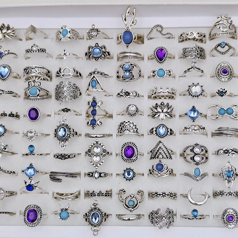 36Pcs/Lot Bohemia Vintage Silvery Rings for Women and Girl Mixed Alloy Crown Flower Finger Ring Charm Jewelry Gift Wholesale