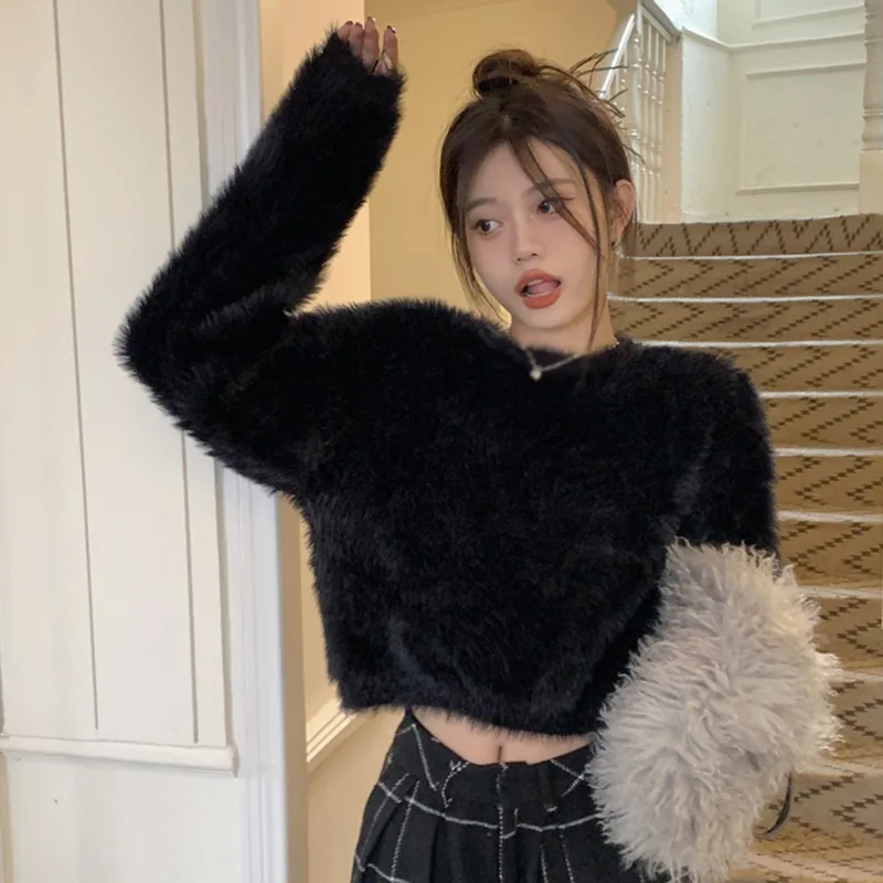 y2k Sweater For Women Sweet Faux new Mink Hairy Pullover O Neck Long Sleeve Loose Short Sweater Lady Casual Soft 2025 Warm Jumper