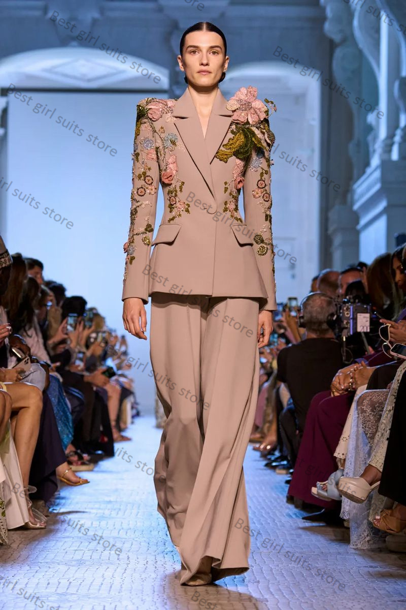 Crystals Flower Women Suit Set 2 Pieces Blazer+Loose Pants Wedding Tuxedos Formal Luxury Office Lady Jacket Coat Tailored
