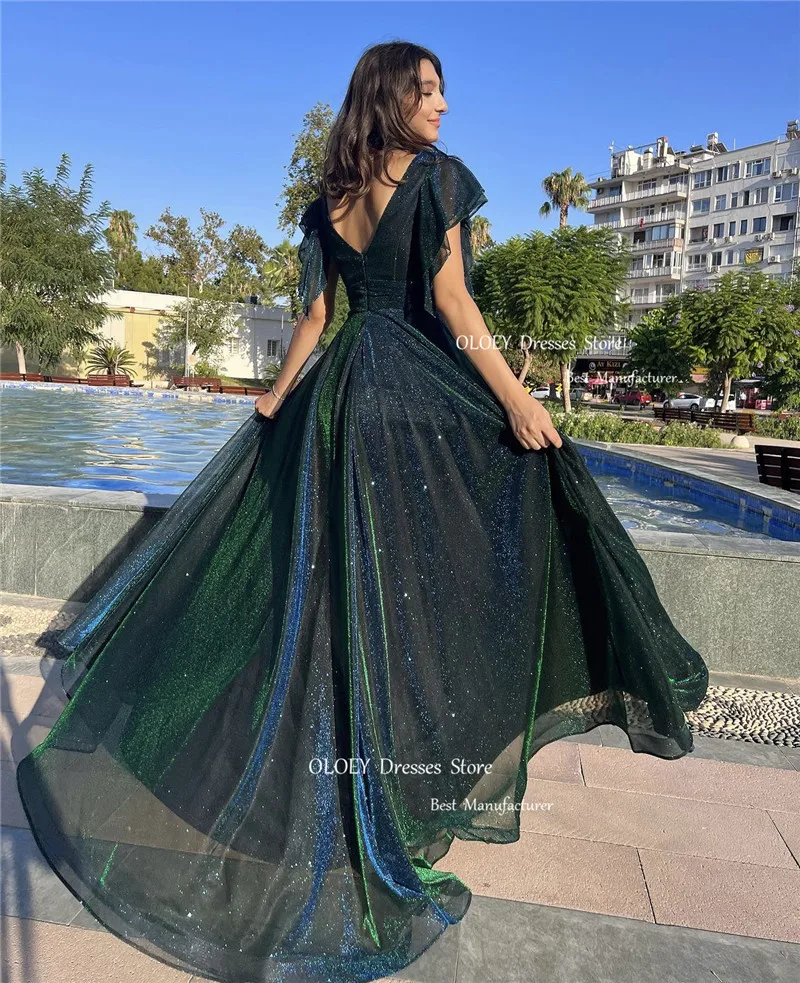 OLOEY New Dark Green Shiny Tulle Long Evening Dresses For Women Vintage Square Neck Short Sleeves Glitter Sparkly Prom Gowns