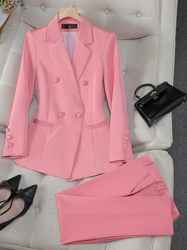 Fashion Office Ladies Formal Pant Suit Set Women Blue Pink Yellow Female Business Work Wear 2 Piece Blazer Jacket And Trouser 240329