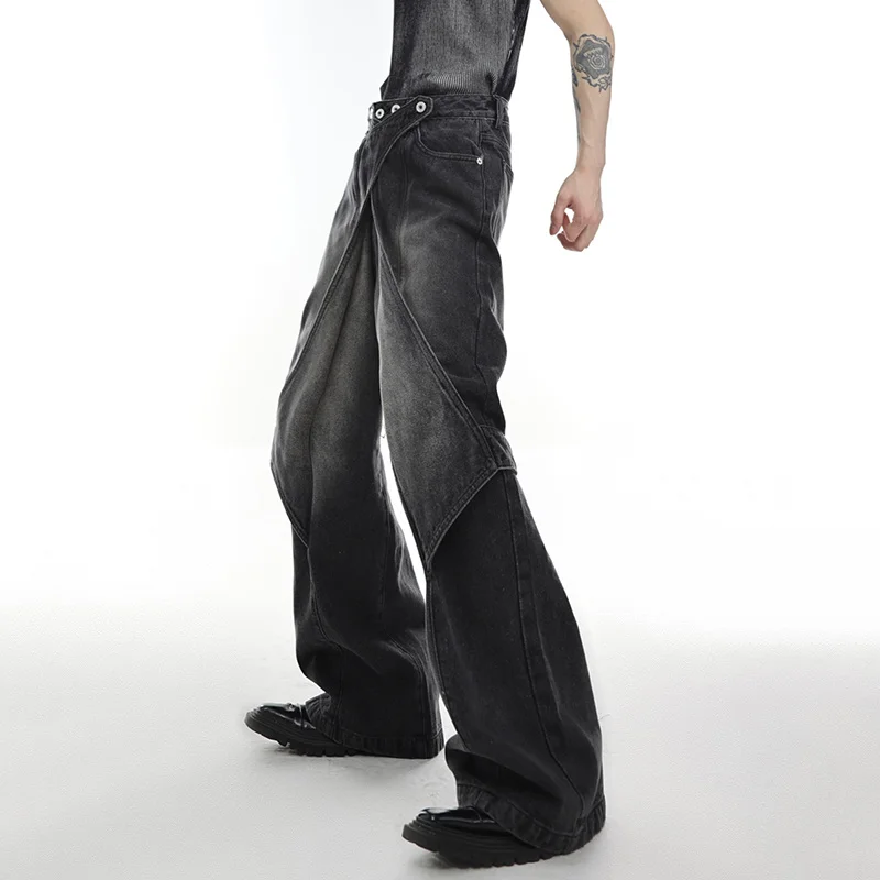 FEWQ Men's Trendy Jeans Deconstruct Spliced Wide Leg Denim new Pants Distressed Washed 2025 Streetwear Summer Male Casual Trousers 9C673