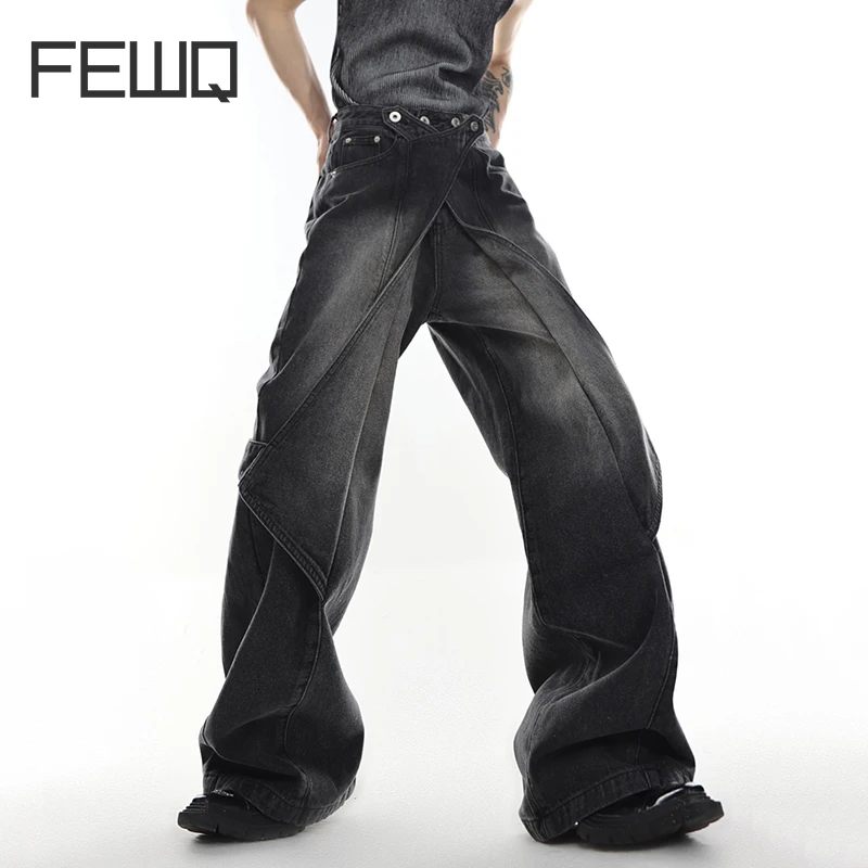 FEWQ Men's Trendy Jeans Deconstruct Spliced Wide Leg Denim new Pants Distressed Washed 2025 Streetwear Summer Male Casual Trousers 9C673