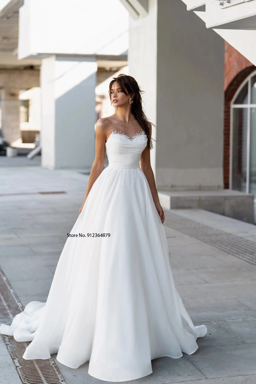 Sheer Beaded Peal Neck Pleat A Lne Wedding Dresses Sweet Train Formal Bridal Grown Vestido de Noiva 2023