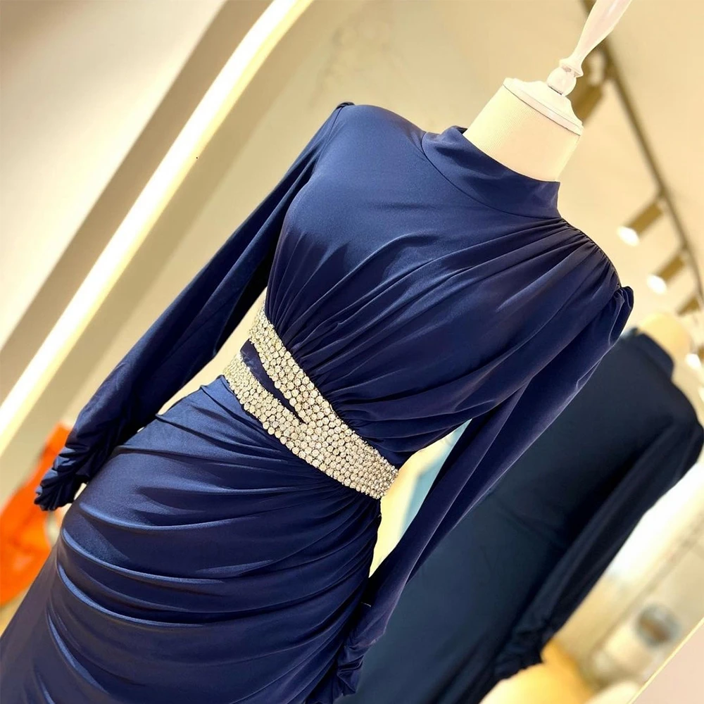 Navy Blue Evening Dresses for Women with Beading 2023 Full Sleeve High Neck Prom Gowns Sheath Vestido De Noche Real Picture New