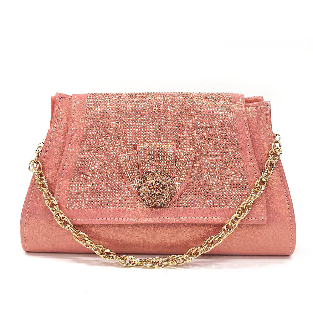 Venus Chan Latest Ladies Thin Heels Shoes and Bag Set Decorated with Rhies in Peach Color For Women Party Pump