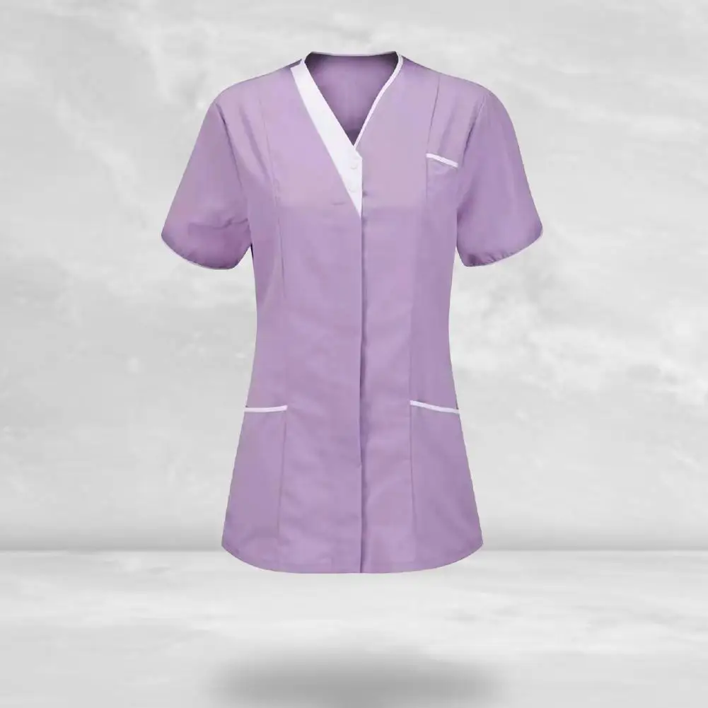 Blouse Casual new 2025 V Neck Buttons Working Uniform T-shirt Clothes T-shirt Short Sleeve Pockets Working Uniform for Worker