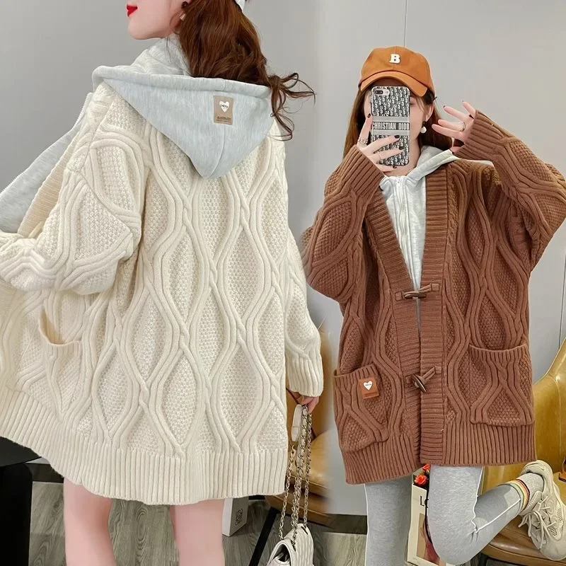 Fake Two-Piece Twist Hooded Sweater Coat Women Autumn And Winter New Y2K Plus Size Loose Long Knit Cardigan in Lazy Wind