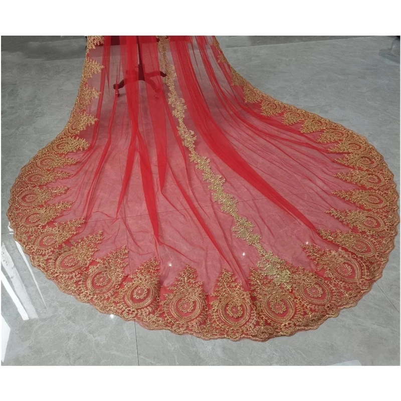 Real Gold Lace Bridal Veils Red Tulle With Comb Single Layer Cathedral Long Colored Wedding Veils for Brides Velos De Novia