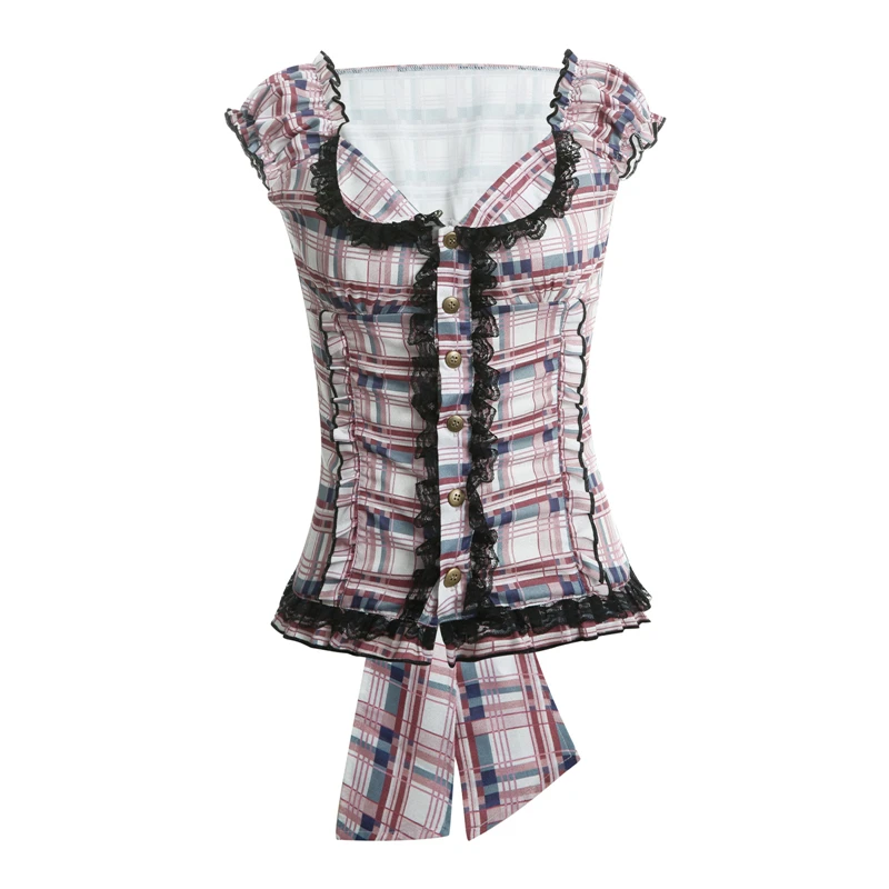 Xingqing y2k Women Plaid Tops Ruffles Square V Neck Short Sleeve Lace Trim T-shirt Kawaii E Girl Clothes 2000s Aesthetic Tee