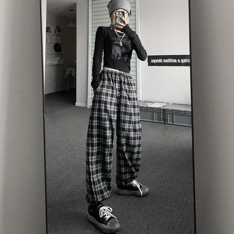 Harajuku High Waisted Plaid Pants Women Korean Style Oversized Wide Checkered Trousers For Female Drawstring Sweatpants