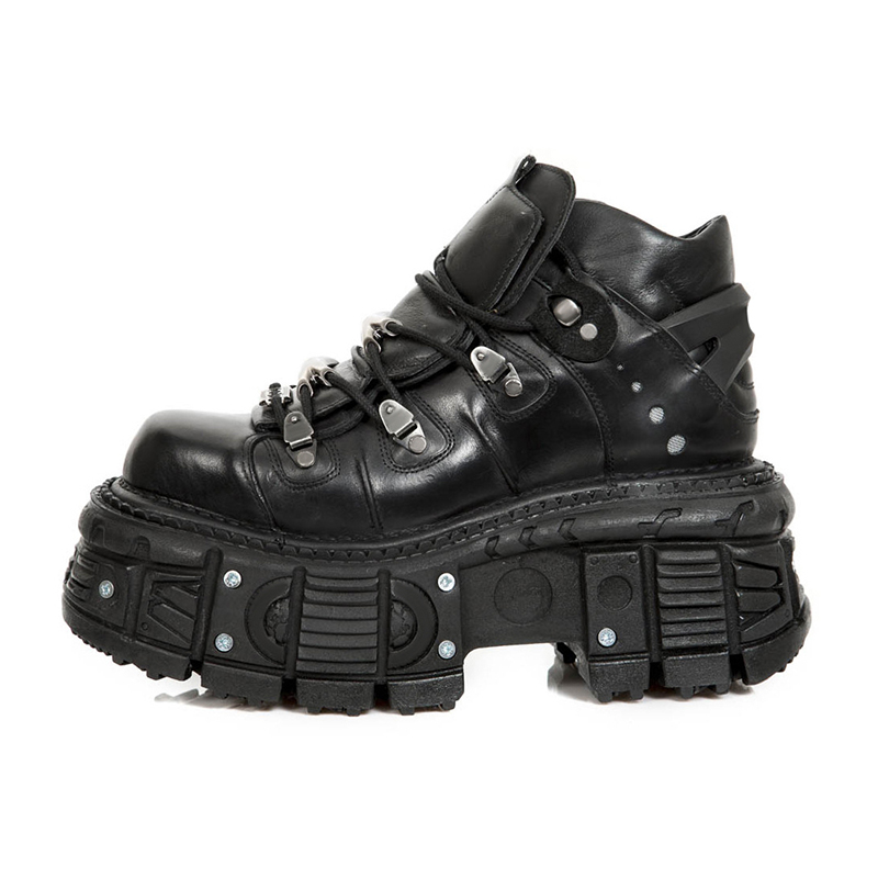 Black Punk Metal Buckled Leather Boots Women Platform Thick Sole Lace up Leather Shoes Luxury Designer Shoe Motorcycle Booties