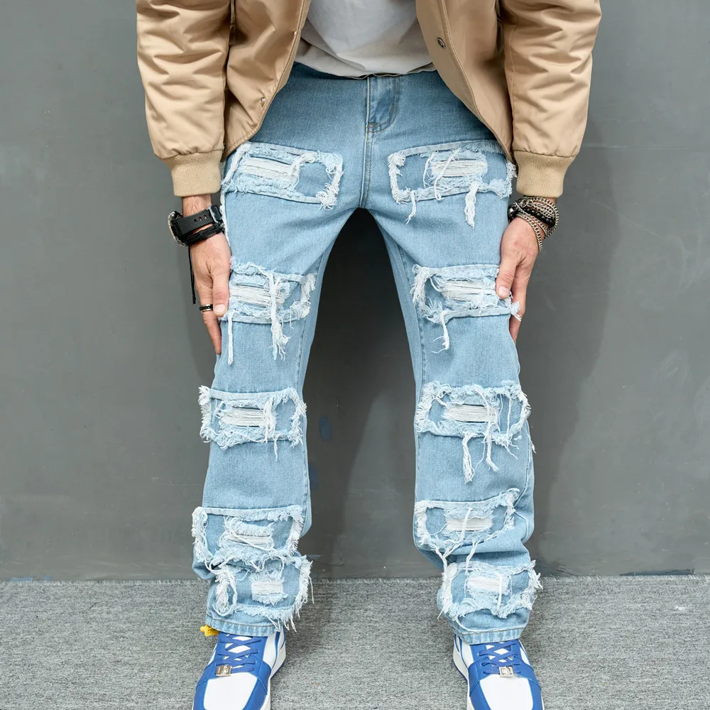 Autumn Stylish Men Ripped Patch Spliced Hip Hop 2025 new Jeans Streetwear Loose Male Straight Denim Pants Trousers