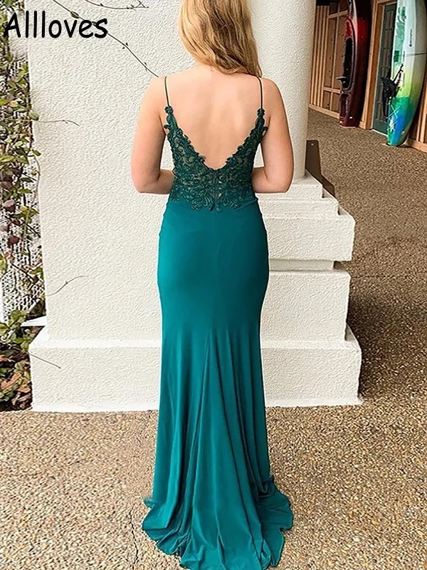 Pea Green Prom Dresses Sexy Spaghetti Straps Lace Appliqued Side Split Mermaid Evening Gowns Sweep Train Backless Arabic Aso Ebi Formal Ocn Wear