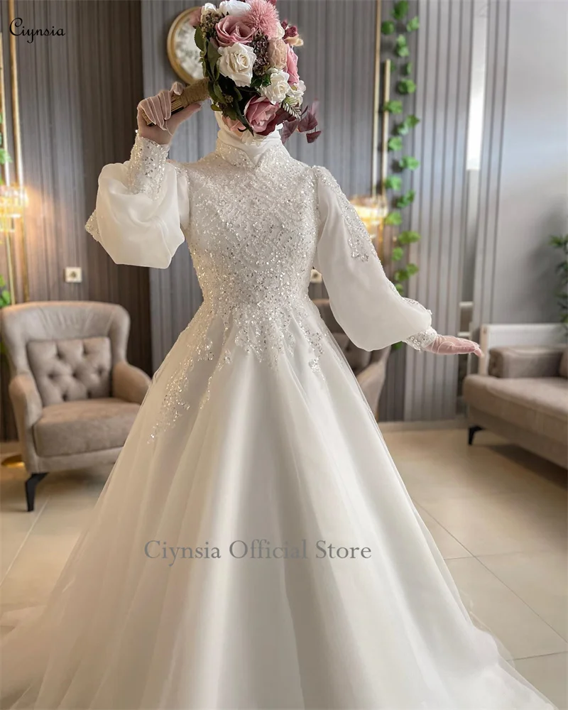 Ciynsia Full Sleeves Vestido De Noiva 2024 Muslim new Wedding Dresses For Women A Line Tulle Lace Beading Dubai Hijab 2025 Bridal Gowns