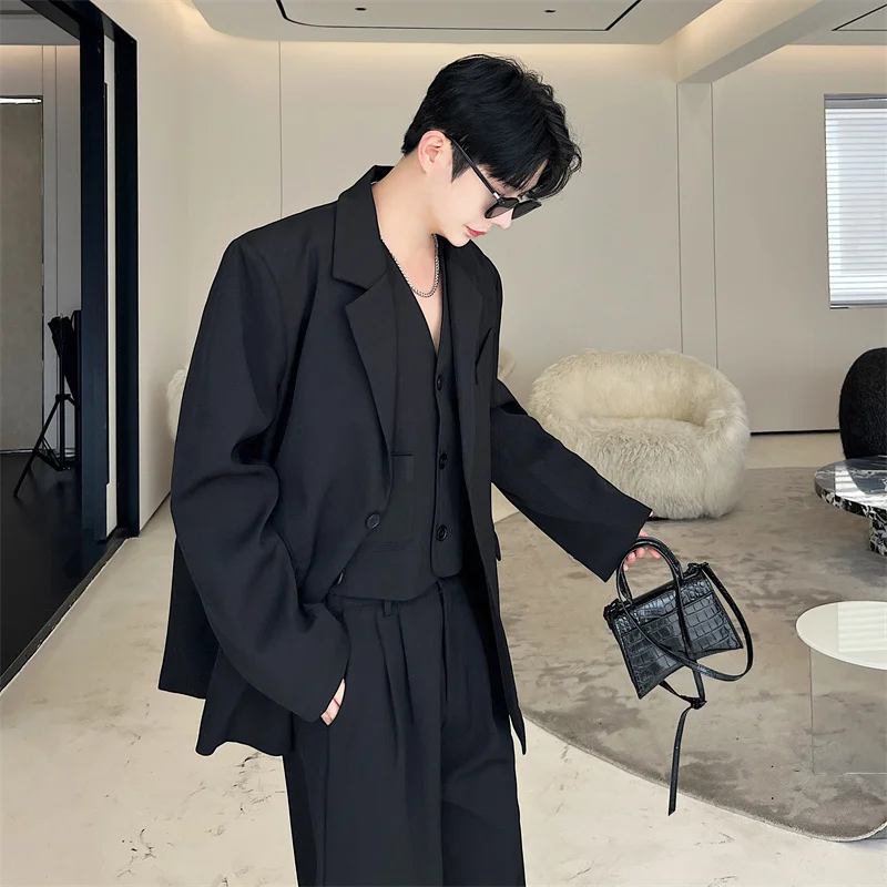 NOYMEI Fashionable Suit Three Piece Set Black Temperament 2024 Autumn All-match Wide Leg Pants Casual Jacket Men Chic WA3119