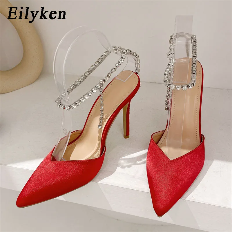 Eilyken Satin Pointed Toe Women Pumps Designer Crystal Chain Buckle Strap Thin High Heel Party Prom Slingback Female Shoes