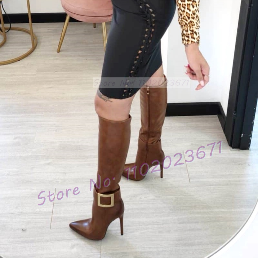 Slim Knee-length Boots Women Sexy Golden Square Buckle Detail Thin High Heels Shoes Ladies Luxury Pointed Toe Side Zipper Boots