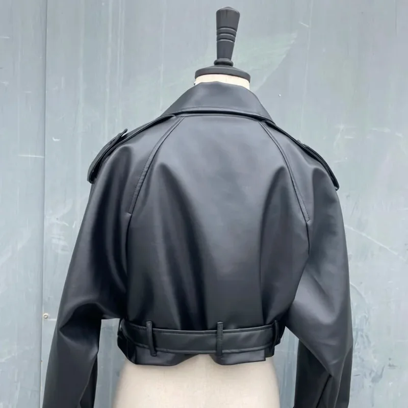 LKSK Short Oversized Leather Effect Trench Coats Fake Leather Cropped Short Jackets Ladies Long Sleeve Loose Women Coat