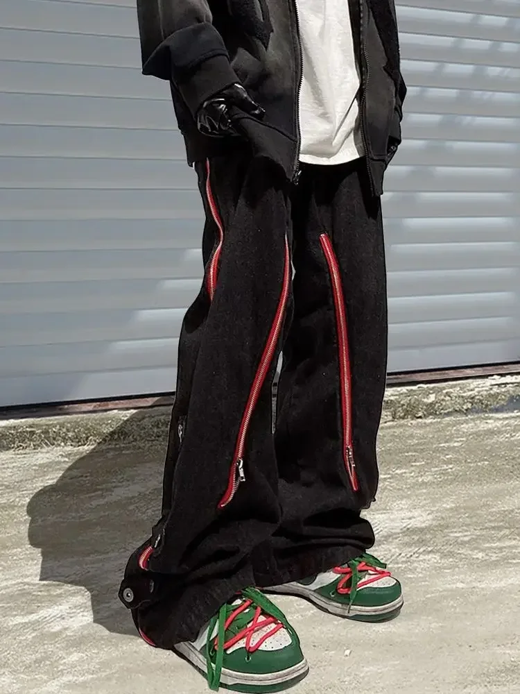 Goods Casual Haruku American Loose Punk Rock Straight Wide-Leg Pants Street Y2K Cargo Pants Retro Street Zipper Split Jeans smile