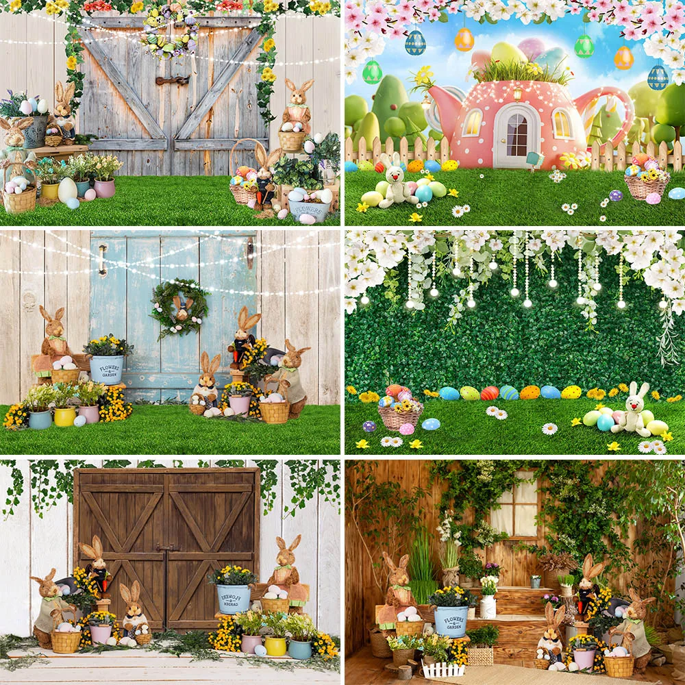 Spring Easter Backdrop Bunny Eggs Flower Grassland Barn Door Baby Shower Kids Portrait Photography Background Photoshoot Prop