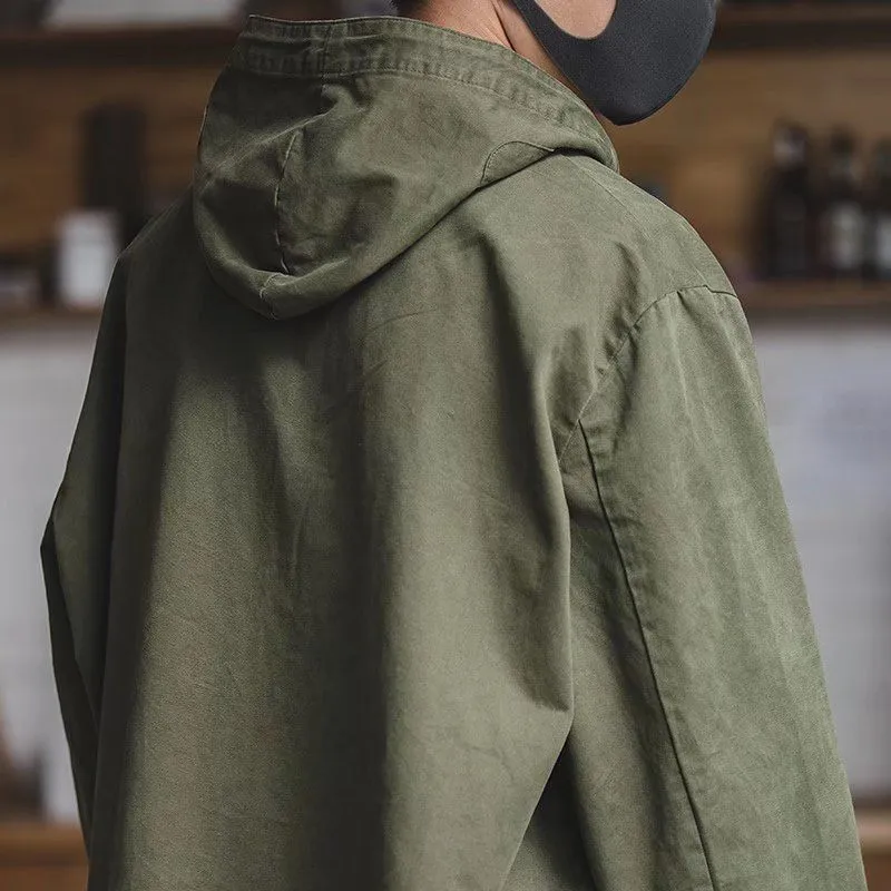 Spring Autumn Retro Cargo new Drawstring Workwear Army Pullover Hood 2025 New Hoddies Male Windbreaker War Coat Work Clothes