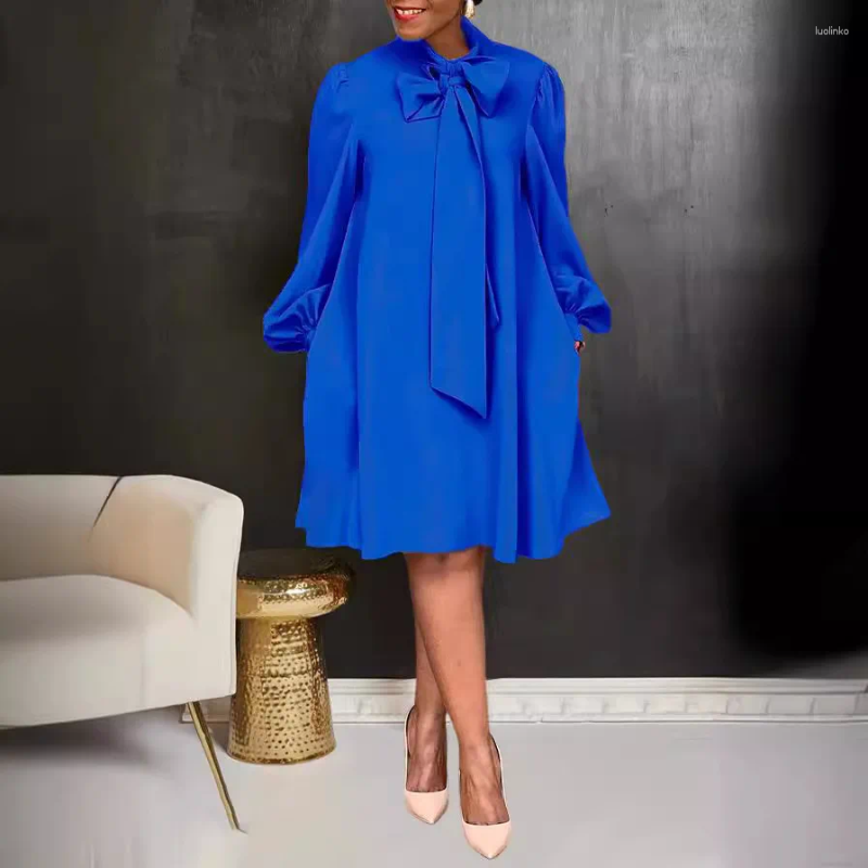 Casual Dresses Spring Summer Satin Lantern Sleeve Dress Women Fashion Solid Color Bow Neck Loose Fit Party Wedding Work Midi