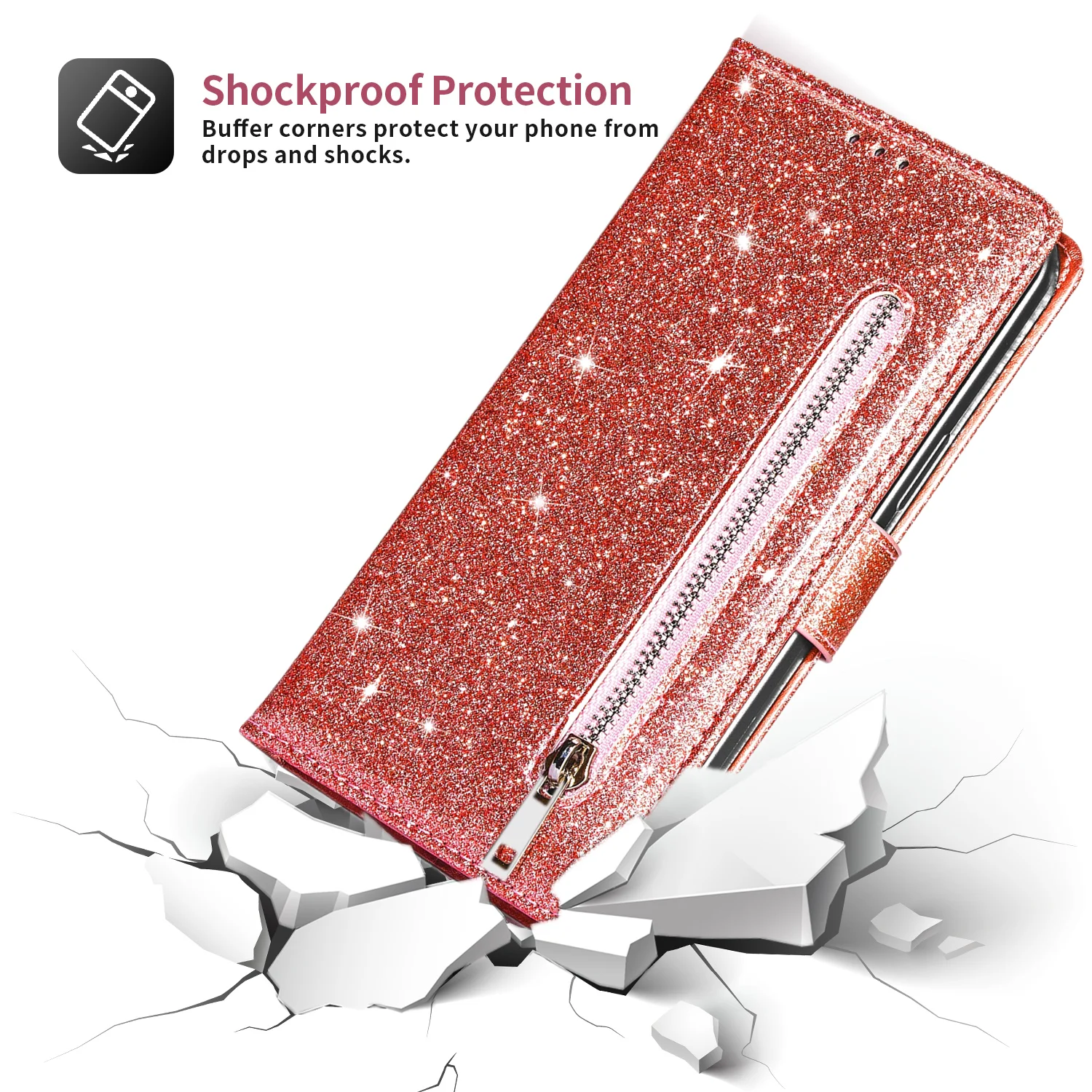 Zipper Flip Wallet Glitter Leather Case for iPhone 15 14 13 12 11 Pro Max XS XR 8 7 6 Plus SE 2022 Mini Bling Stand Phone Cover