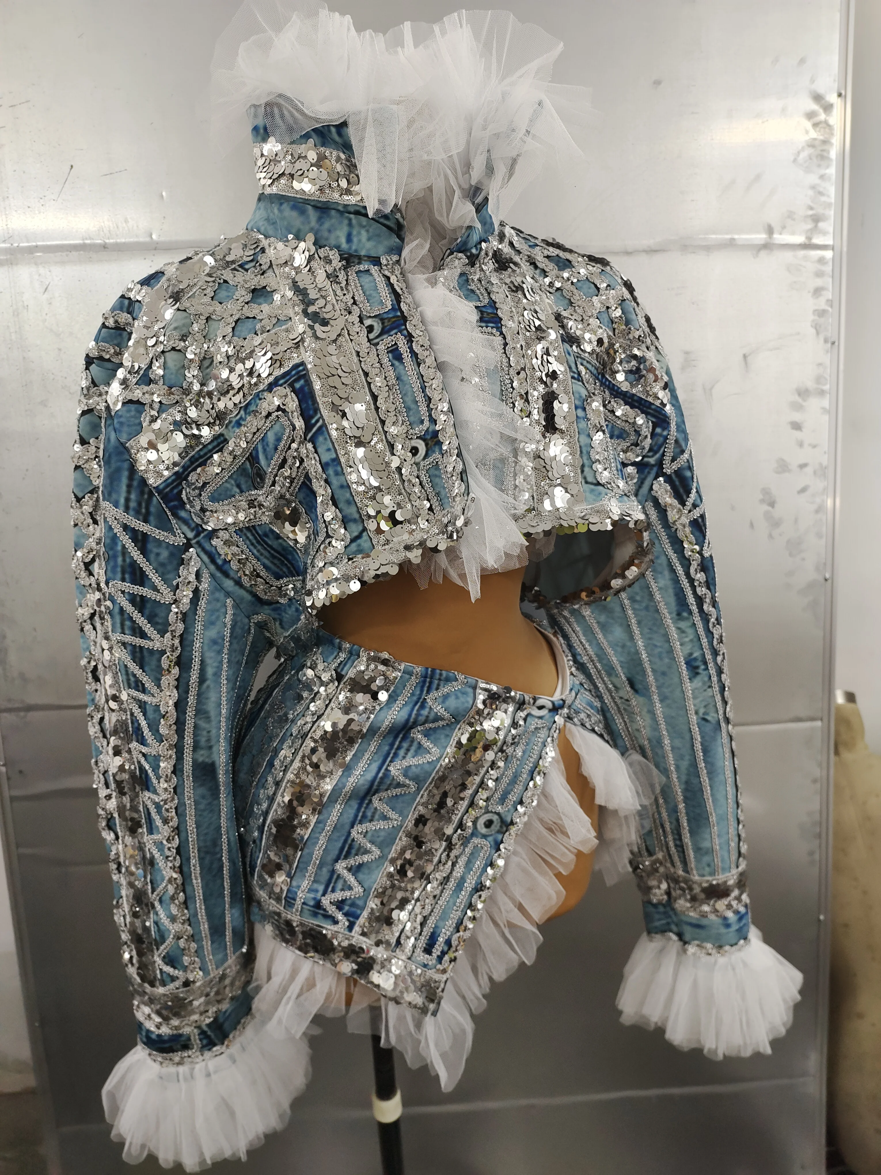 Birthday Party Dance Nightclub Singer Performance Top Skirt Sexy Stage Blue Jean Pattern 2 Pieces Set Sequins Costume Outfit