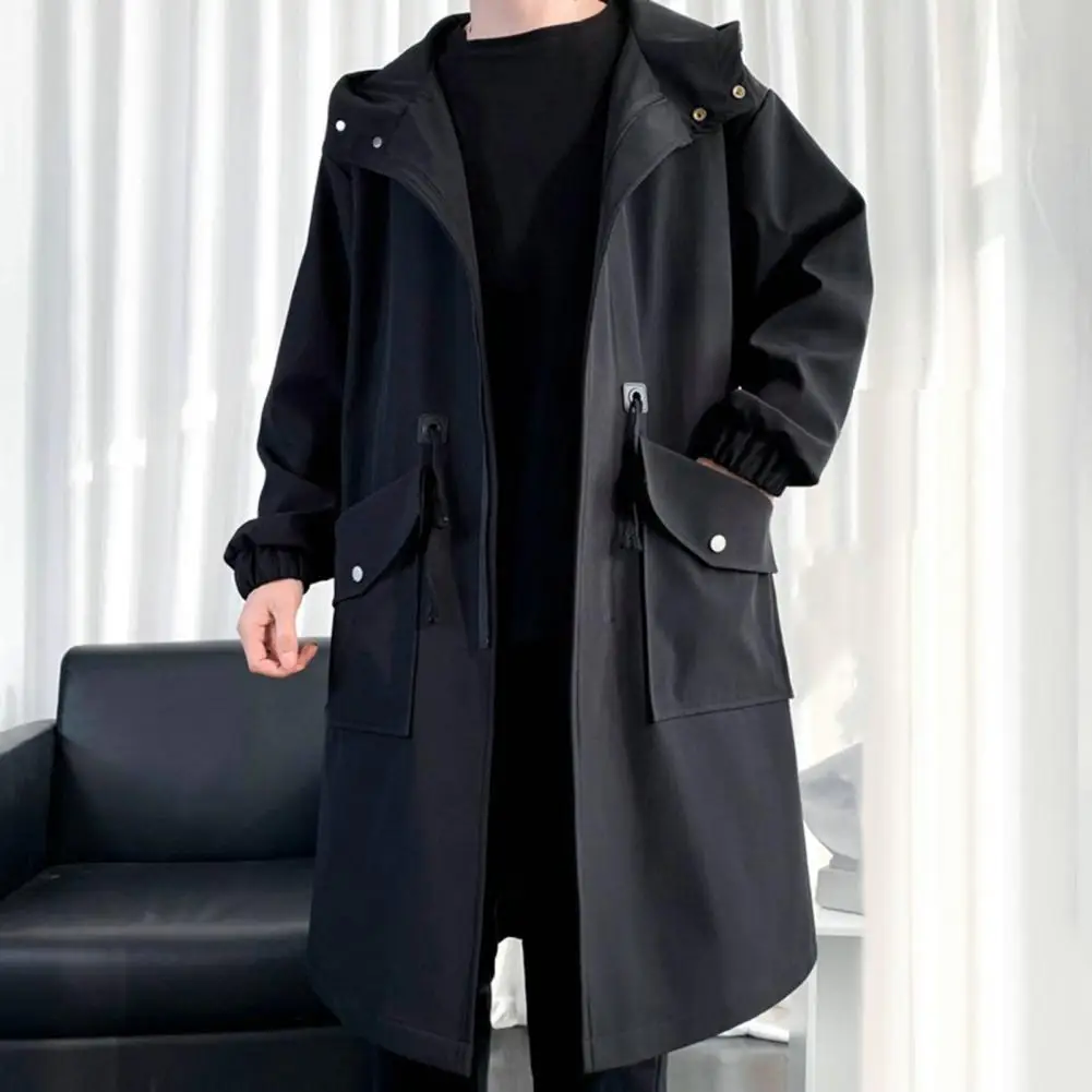 Long Trench Coat Jacket Men new Autumn Spring Black Hip Hop Japanese Coats Streetwear Male Hooded 2025 Army Green Khaki Casual Jackets