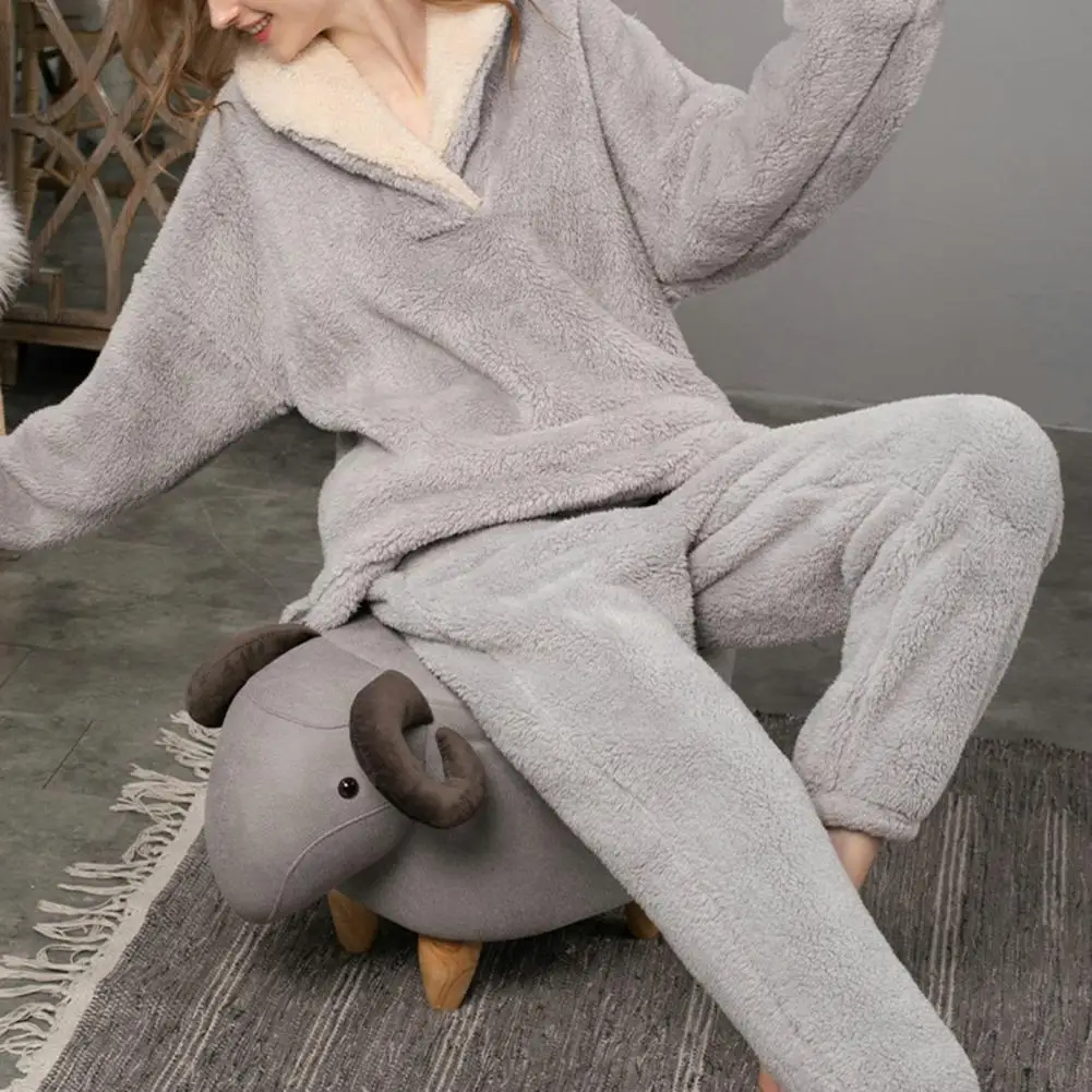 New Pama Sets Women s Solid Long Sleeve Winter Woman Fluffy Pijama Suit with Pants Thick Warm Fleece Home Clothes for Female