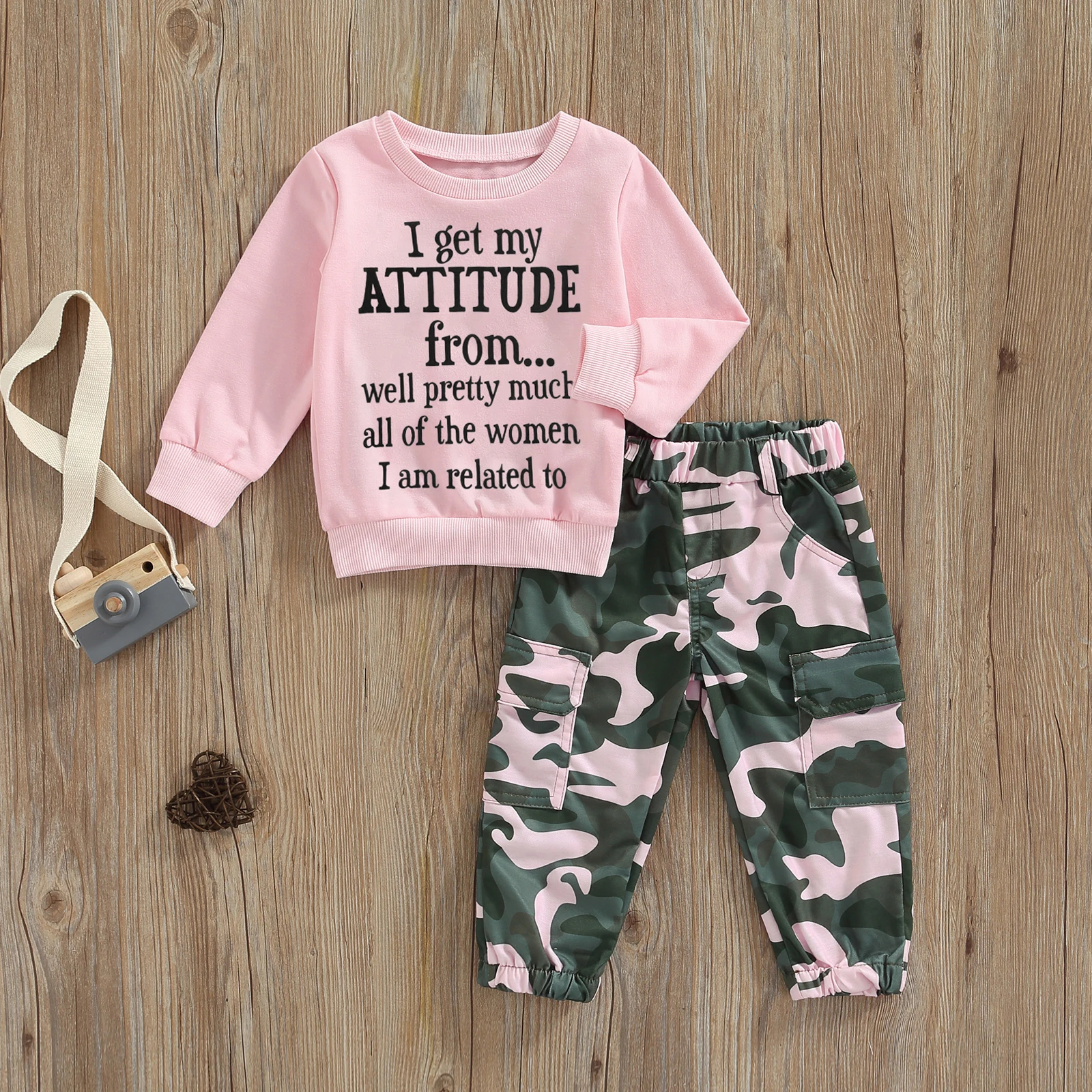 Baby Toddler Girl Clothes Tops Pants Sweatsuit Set Cute Letter Print Sweatshirt and Camo Pants 2T 3T 4T 5T 6T