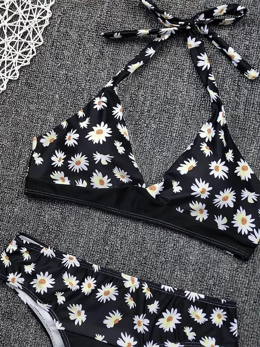 Halter Triangle Bikini Set Floral Printed Swimwear Female Sexy Strap Swimsuit Women Padded Bathing Suit Swimming Beachwear