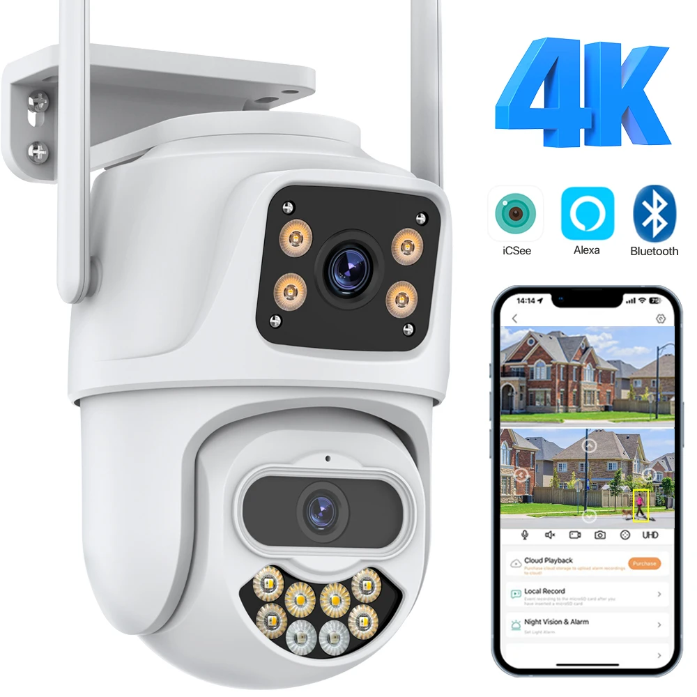 Dual Lens Dual Screen IP Camer 4K 8MP HD PTZ WiFi Security Camera Outdoor 4MP HD Auto Tracking CCTV Surveillance iCSee