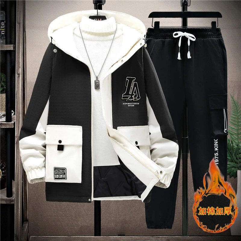 2023 Autumn Winter Men Tracksuit Casual thicken Warm Sportswear Hooded Jackets Pants 2 Piece Sets