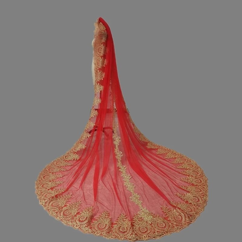 Real Gold Lace Bridal Veils Red Tulle With Comb Single Layer Cathedral Long Colored Wedding Veils for Brides Velos De Novia